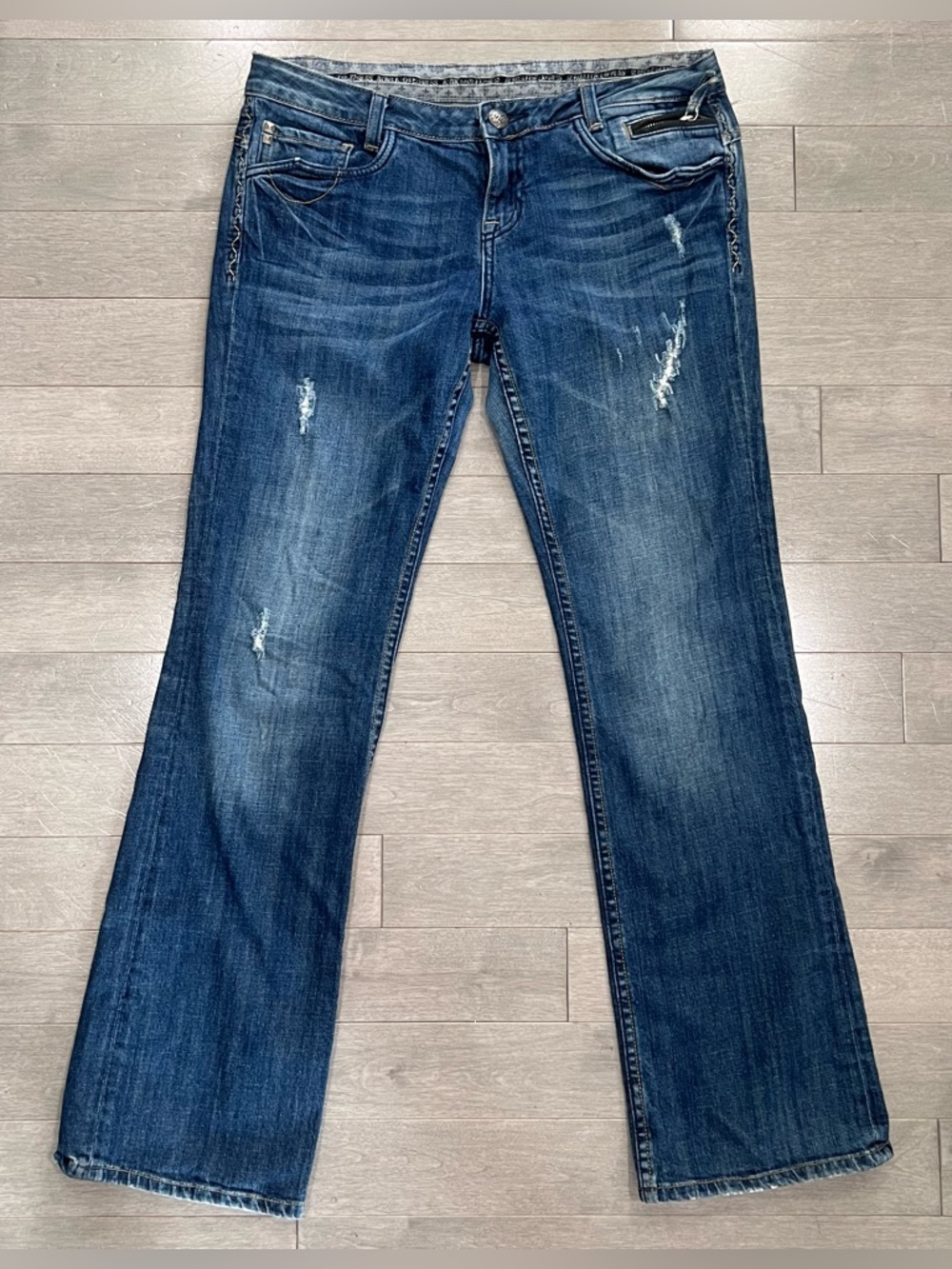 ReRock for Express Boot Jeans Sz 30 Y2K Studded Embroidered Distressed